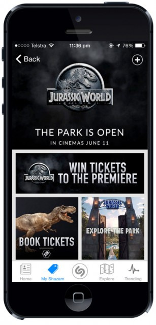 Jurassic World's Shazam page in Australia