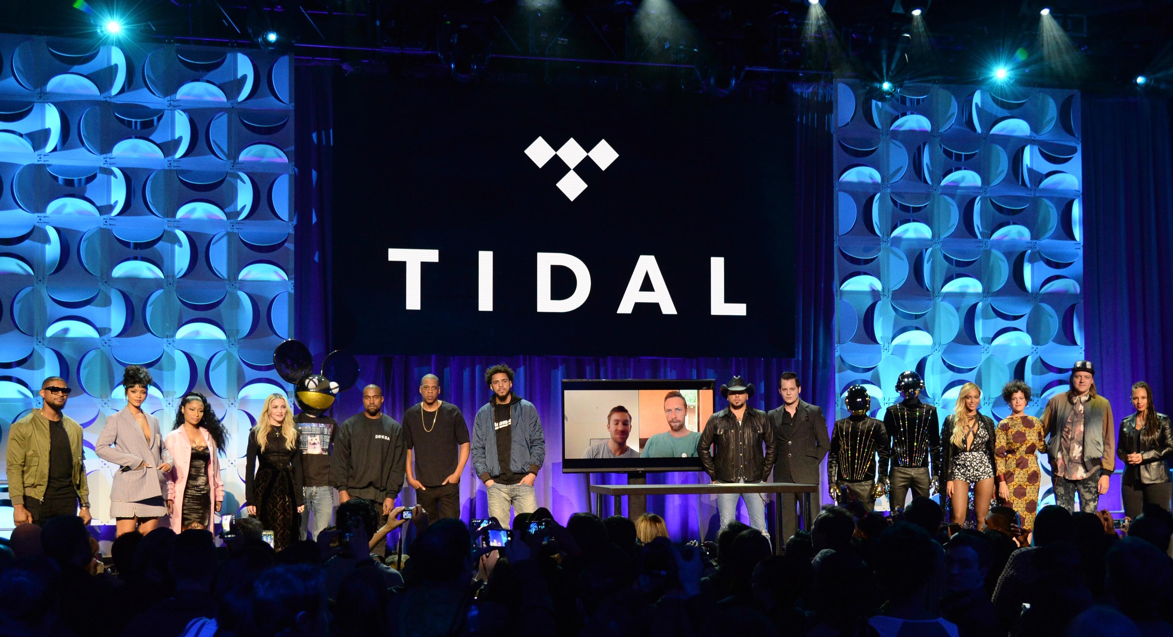 NEW YORK, NY - MARCH 30: Usher, Rihanna, Nicki Minaj, Madonna, Dead Mouse, Kanye West, Jay Z, Jason Aldean, Jack White, Daft Punk, Beyonce and Win Butler attend the Tidal launch event #TIDALforALL at Skylight at Moynihan Station on March 30, 2015 in New York City. (Photo by Kevin Mazur/Getty Images For Roc Nation)