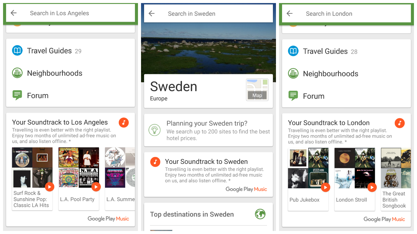 Trip Advisor now plays location themed music in it’s app from Google Play Music