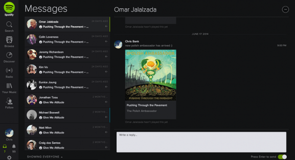 Spotify music streaming messaging inbox send platform digital music stream