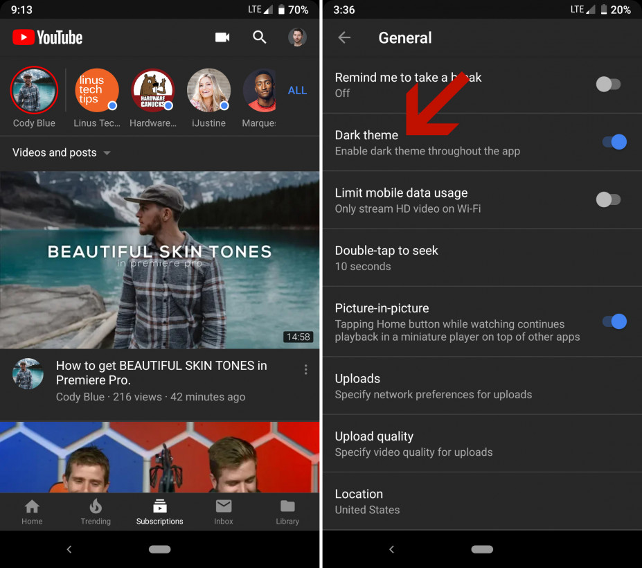 YouTube joins the dark side with their new theme for Android