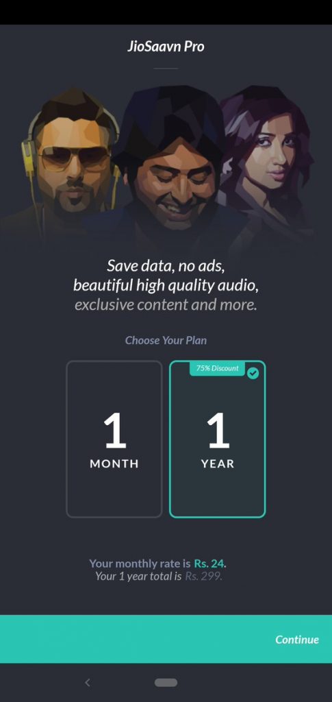 JioSaavn music streaming india price plan pro subscription discount 