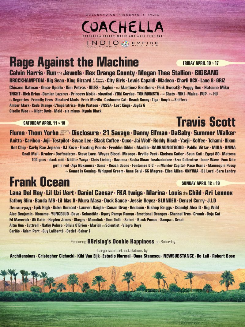 Coachella 2020 lineup revealed: Frank Ocean, Travis Scott, Rage Against ...