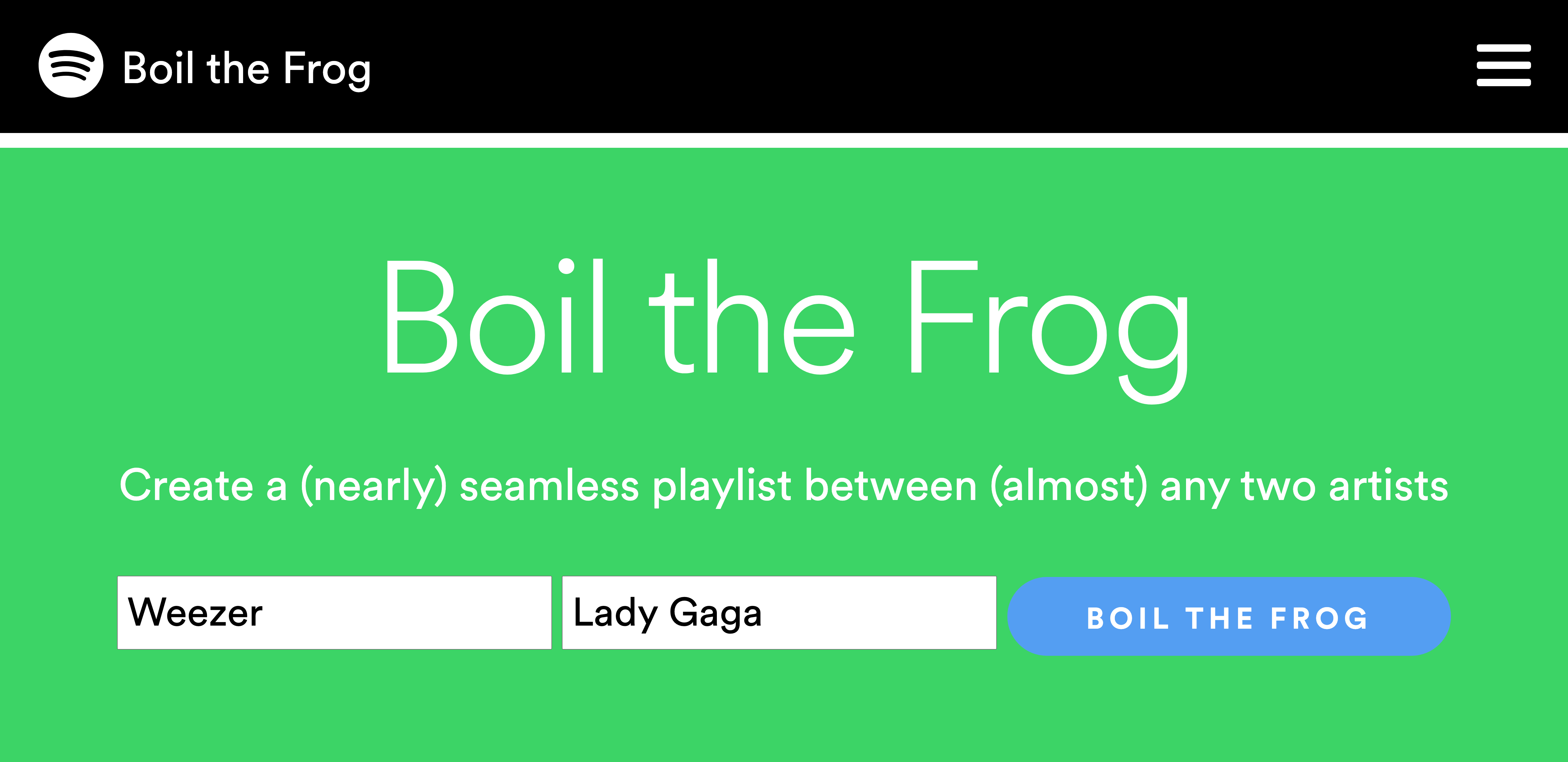 Boil the Frog generates a playlist that takes you between two artists