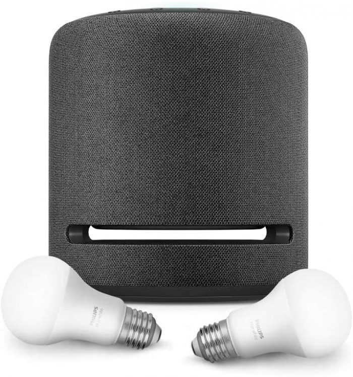 Echo Studio – High-fidelity smart speaker with Philips Hue Bulbs – Alexa smart home starter kit