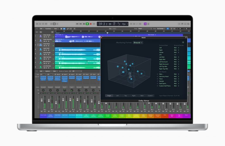 Logic Pro 10.7 showing the new Dolby Atmos spatial audio controls