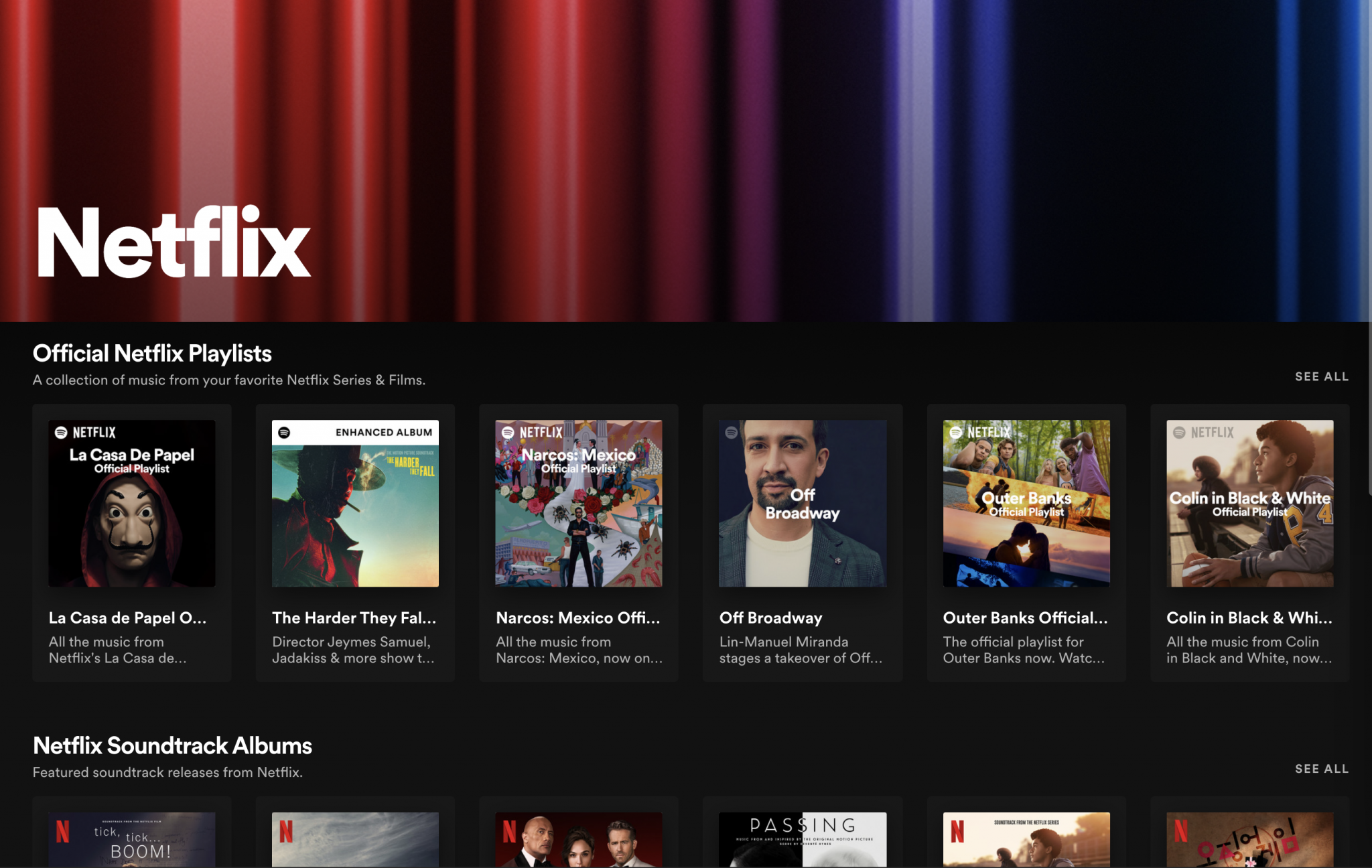 A screenshot showing some of the playlists and soundtrack albums on Spotify's new Netflix hub