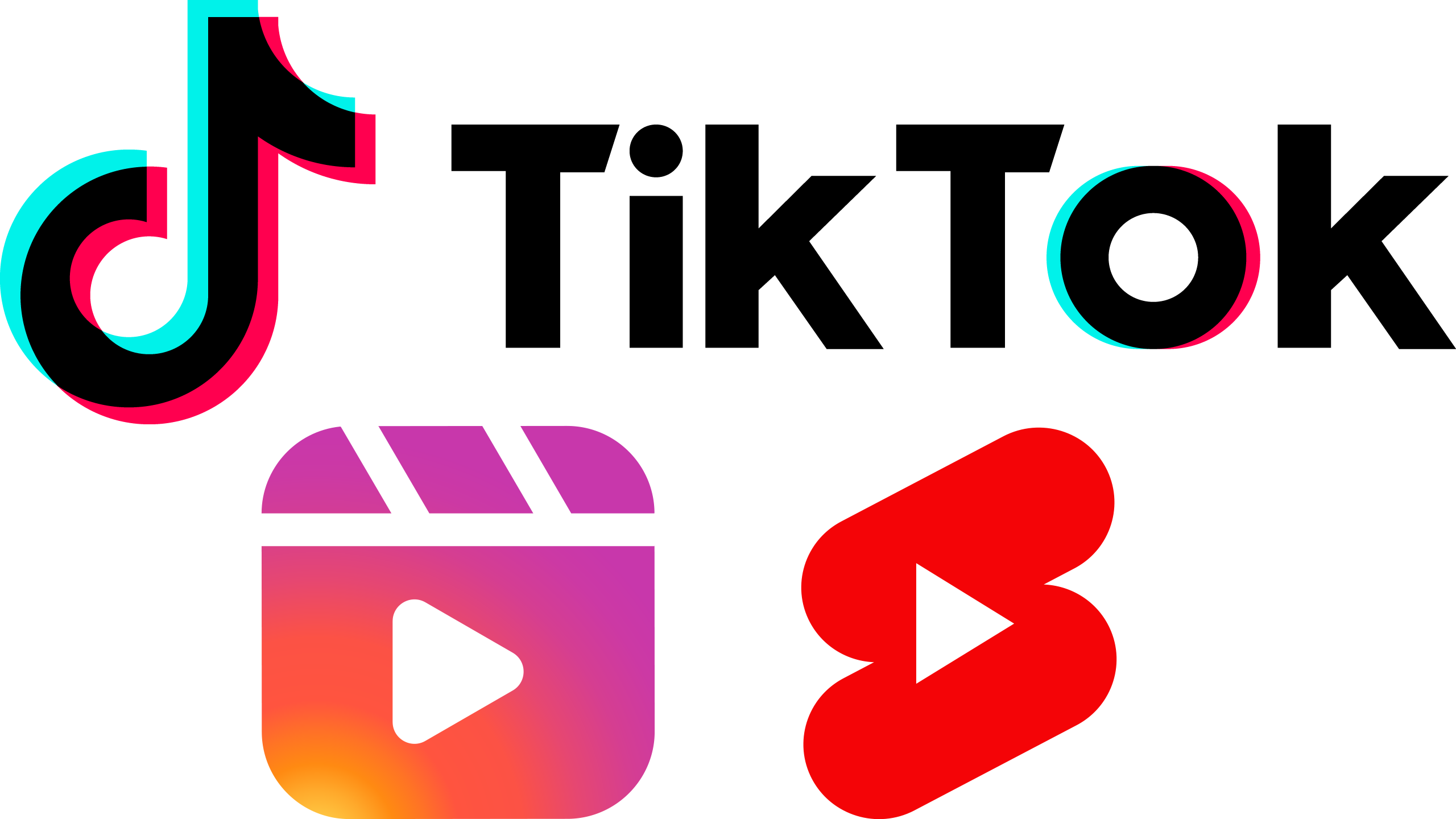 The logos for TikTok Instagram Reels and YouTube Shorts
