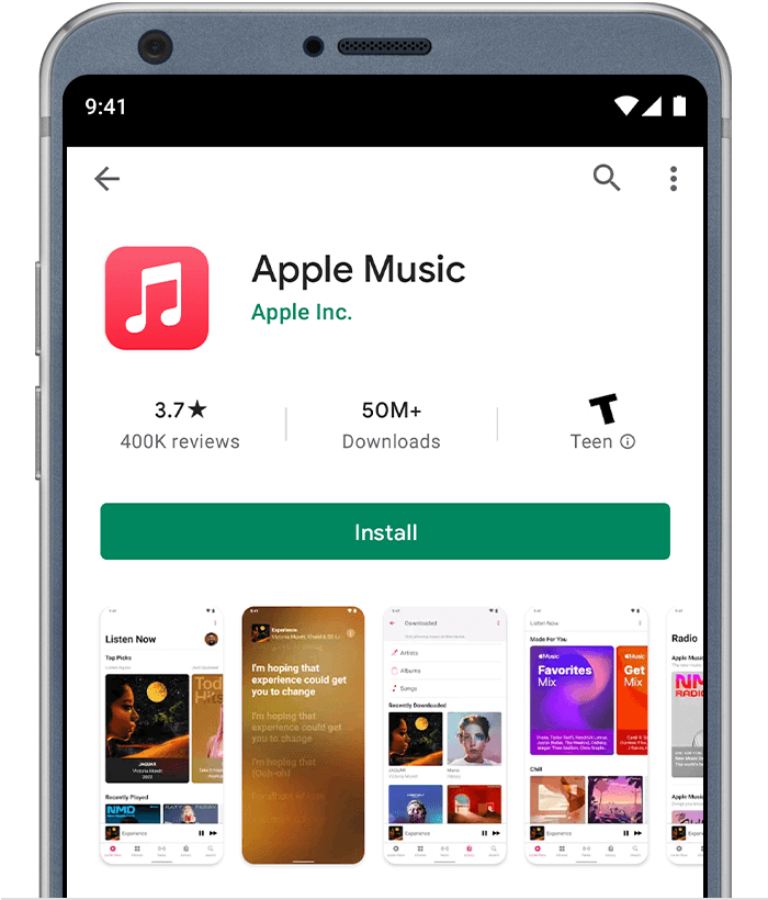 A screenshot of Apple Music on the Google Play Store