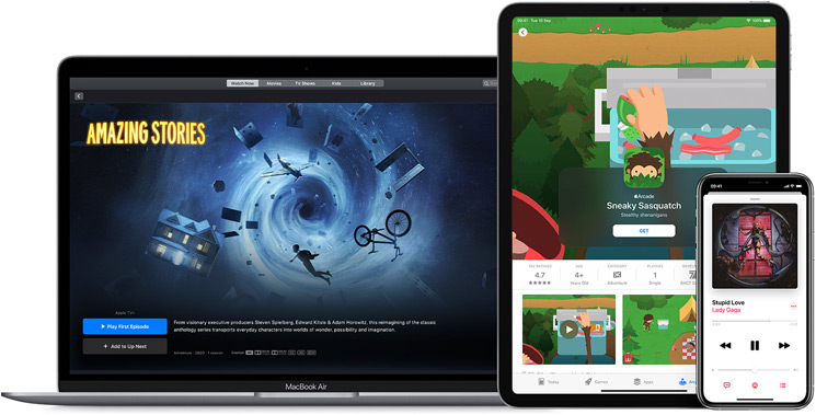 Apple TV+, Apple Arcade and Apple Music on a MacBook Air, iPad and iPhone