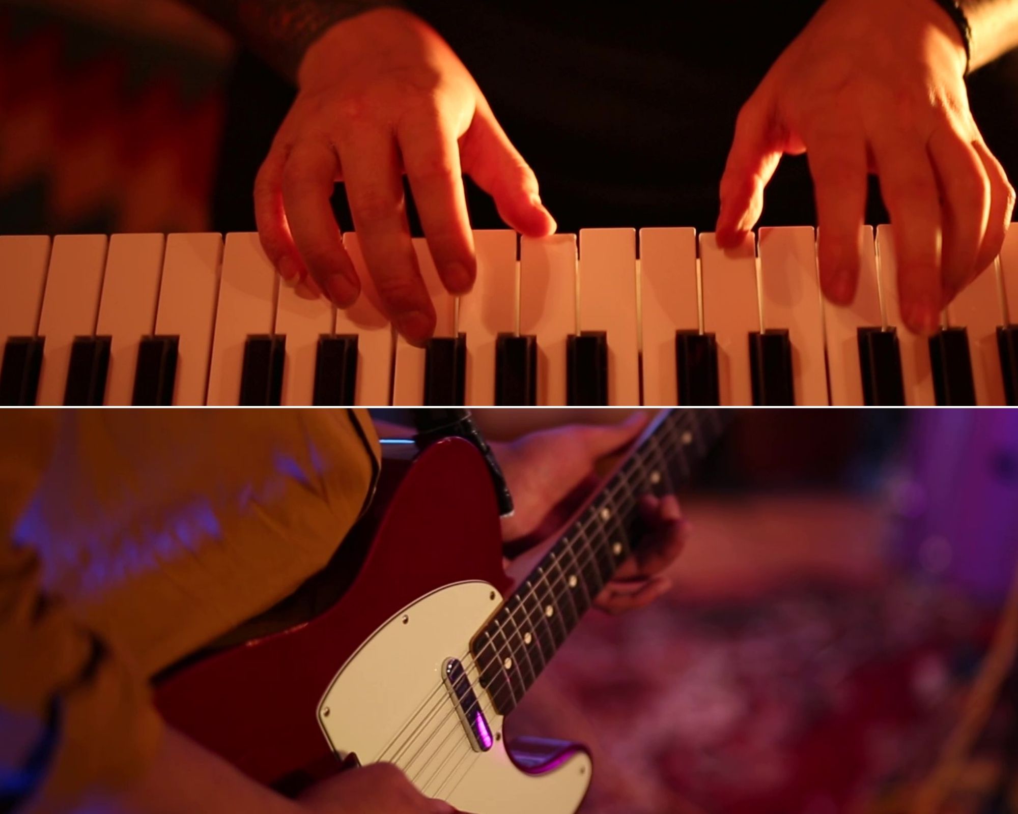 Musicians playing keyboard and electric guitar.