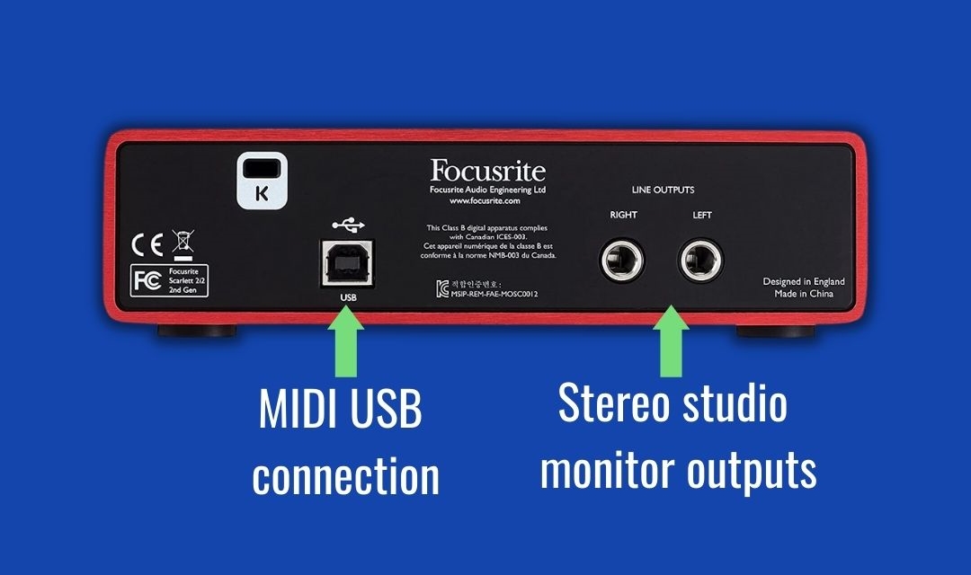 The Focusrite Scarlett 2i2 audio interface back panel features two 1/4" stereo monitor outputs and a MIDI - USB connection. The MIDI-USB connection allows you to connect your audio interface to your computer.