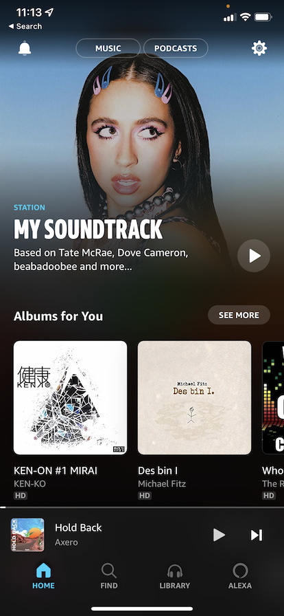 The Home page of Amazon Music