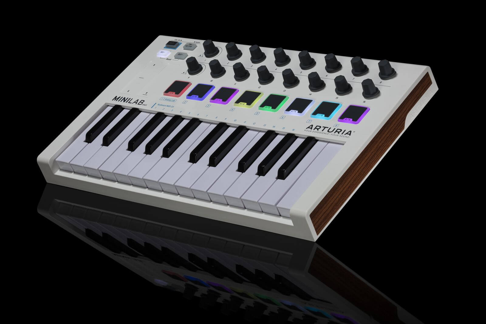 The ARTURIA MiniLab MKII has 25 mini keys, 8 pads and 16 knobs for transport controls across virtual software and DAW integration.