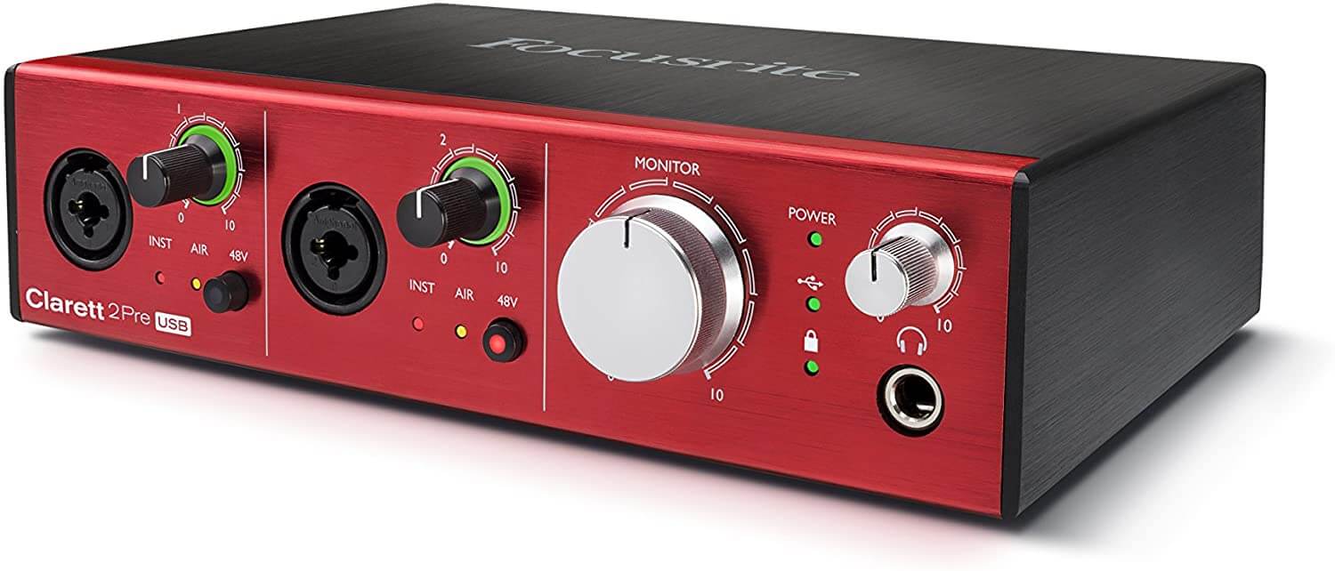The Focusrite Clarett 2Pre USB is the best beginner audio interface for recording guitars in a home studio thanks to its Air mode. Air mode triggers a relay which changes the internal circuit and accentuates the high -end of your guitar signal.