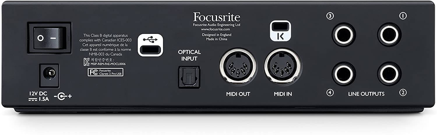 On the rear of the Focusrite Clarett, you'll find four balanced 1/4" line outputs for connecting your studio monitors, DIN MIDI In and Out ports and an optical ADAT input which enables you to add additional inputs via another console. The interface is full of features that make it a great audio interface for beginners.