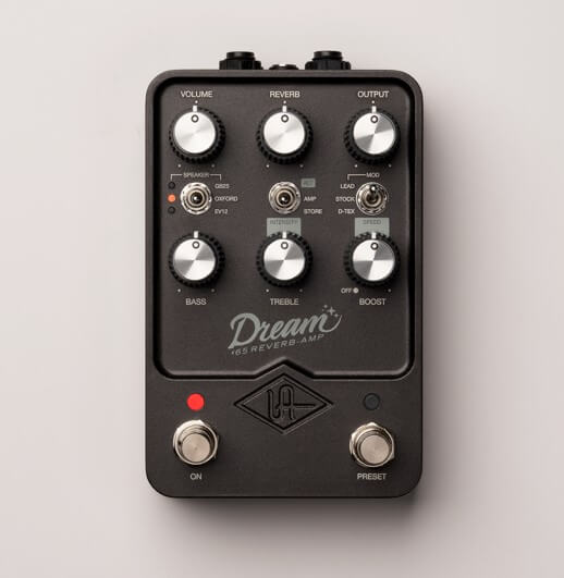 The Dream '65 Reverb Amplifier emulates what we can only guess is the Fender Twin Reverb. This UAFX guitar amp emulator emulates the sound that brought us bands like The Beatles. It features Volume, Reverb, Output, Bass, Treble and Boost knobs, in addition to a speaker-switching toggle with GB25, Oxford and EV12 options. 