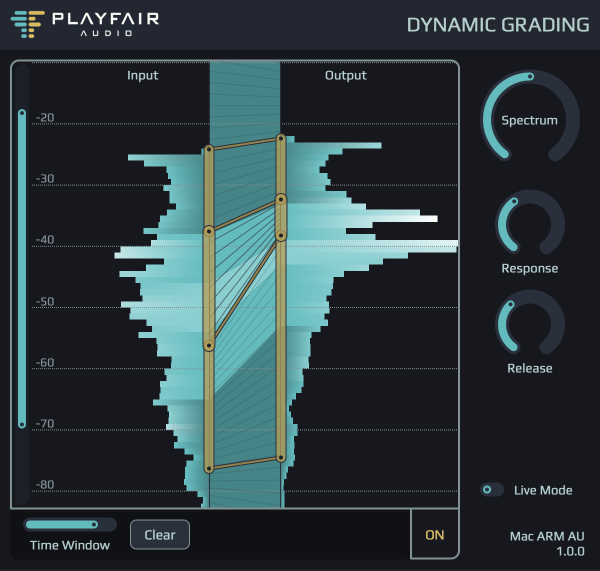 Dynamic Grading is an intuitive alternative to compressors. Rather than controls like Threshold, Ratio, and Attack, it utilises imaging controls such as Spectrum, Response, and Release. 