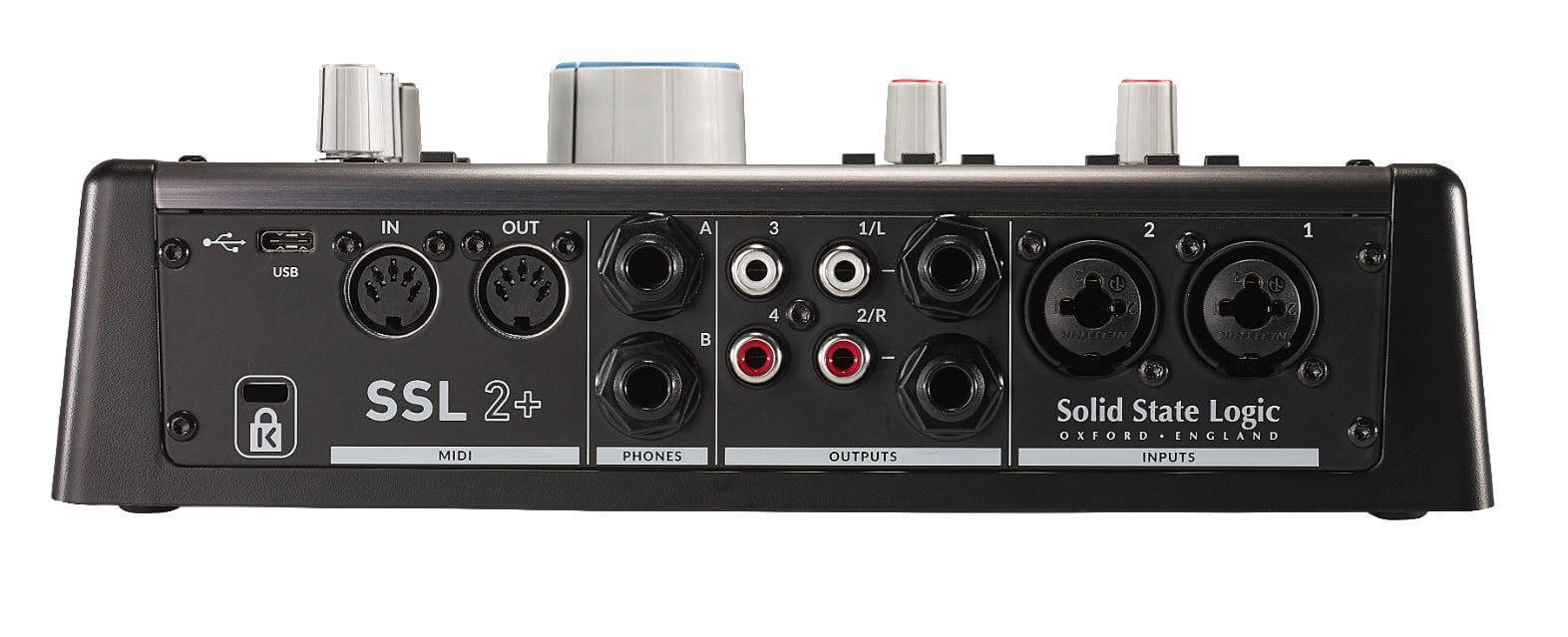 Two XLR/¼” inputs allow for microphones and instruments to connect to the SSL 2+. It features MIDI In/Out connectivity too, so it