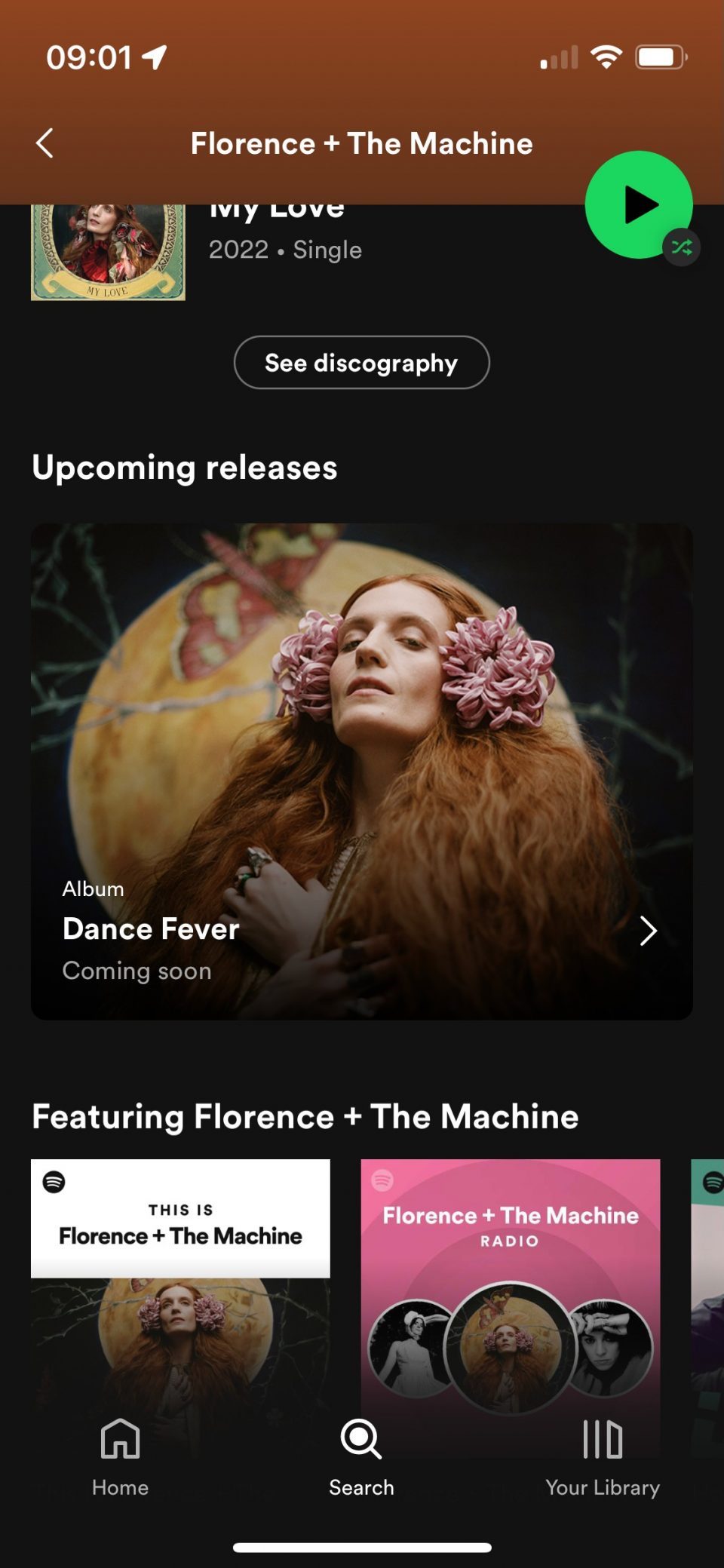 Spotify's new on-platform Pre-save button on Florence + The Machines new album Dance Fever