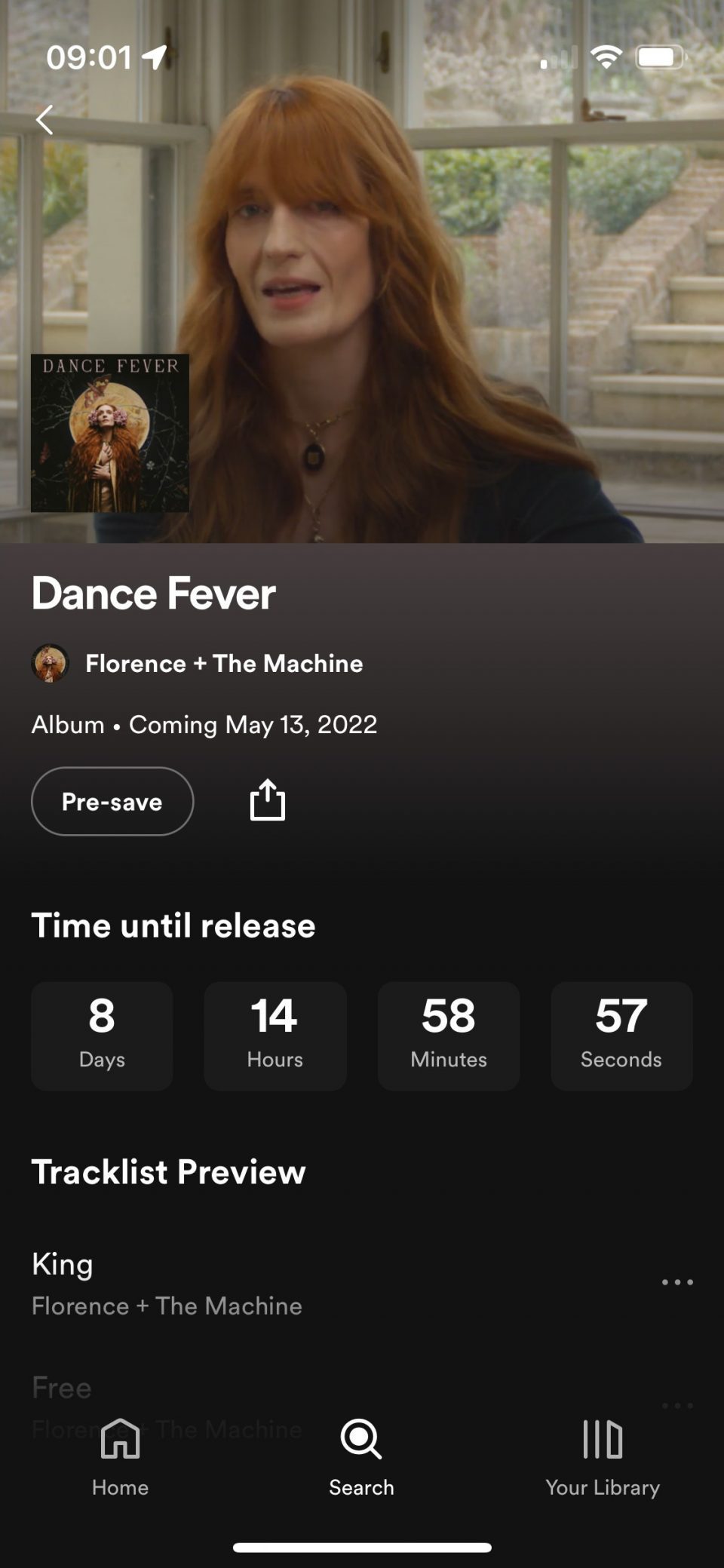 Spotify's new on-platform Pre-save button on Florence + The Machines new album Dance Fever