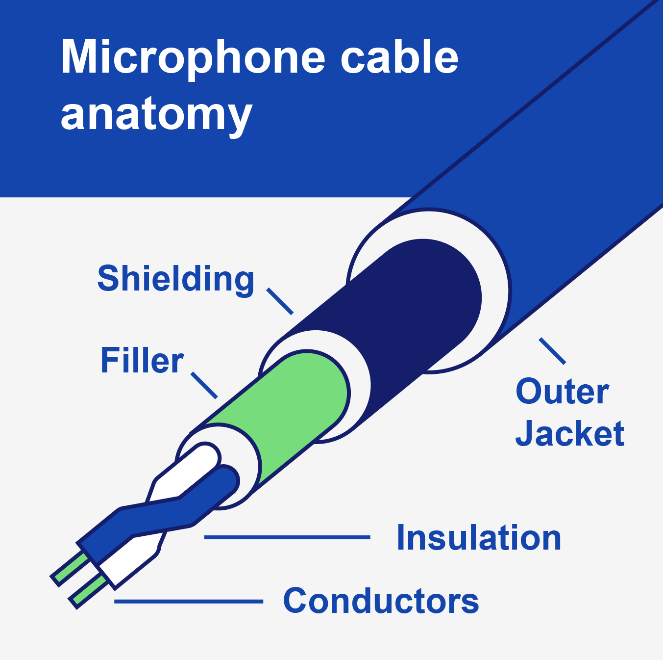 The anatomy of an XLR microphone and speaker cable.

Two conductors (copper wires) lie at the core of microphone cables. And manufacturers wrap both cables in individual strips of insulation. 

Then manufacturers twist both wires together and user filler to smooth the cable out. As a result, filler removes any warping that may occur and gives us a nice round cable.  

Next, shielding - which is usually copper too - protects the conductors from potential sources of interference like electrical gear.

Finally, manufacturers cover the cable with a rubber outer jacket that protects its internal components from physical damage.
