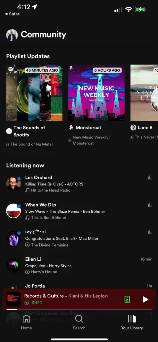 The layout of the Spotify Community hub presents a horizontal row of 'Playlist Updates' at the top of the page. Beneath these, you can scroll through a vertical list of friends to see what they’re listening to with timestamps that tell you when they were listening. And if your friends are listening as you scroll you'll see a graphical speaker to the right of their choice of music which sits beneath their name. Unfortunately, tapping on a song friend's song name doesn’t play the song as of yet. but I imagine that will be an addition to the feature when it's publicly available to all mobile users.