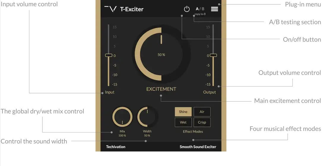 Techivation T-Exciter has four Effect Modes.

Shine makes our sounds sharper by enhancing sonic details.

Air, as you may have guessed, adds "natural" air to our sound with a musical overtone.

Wet glues different sounds together by adding "overall excitement" - perfect for grouped instruments.

Crisp allows sound to cut through our mix and brings them to the front.

