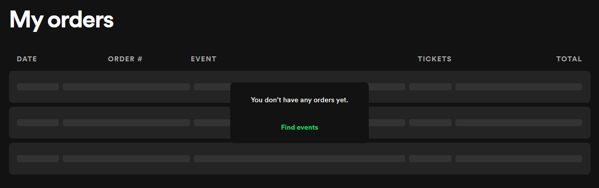 My Orders tab on Spotify Tickets presale test site.