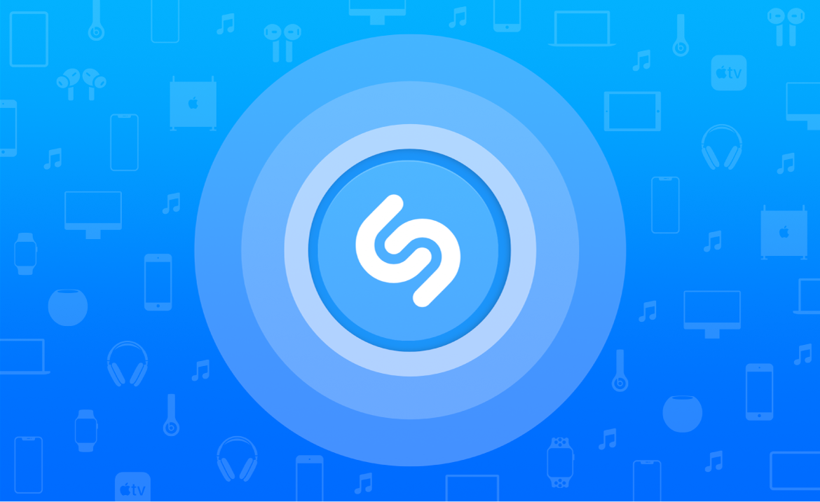 Shazam interface with Apple devices outlined in the background