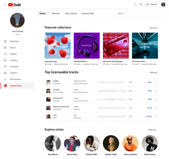 Screenshot of YouTube Creator Music.