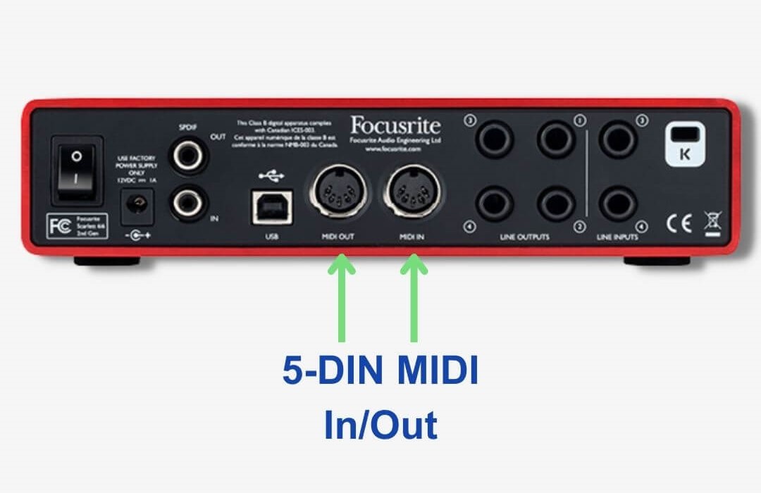 The Scarlett 6i6 audio interface features DIN In & Out ports that allow you to connect a MIDI signal chain to your recording setup