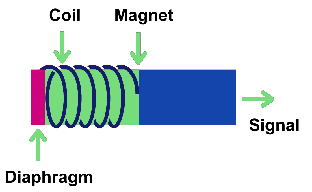 In dynamic microphones a diaphragm oscillates back and forth in relation to the strength of the incoming sound wave. And a coil attached to the diaphragm oscillates with the diaphragm over a magnet which generates an electrical current relative to the strength of the sound.  