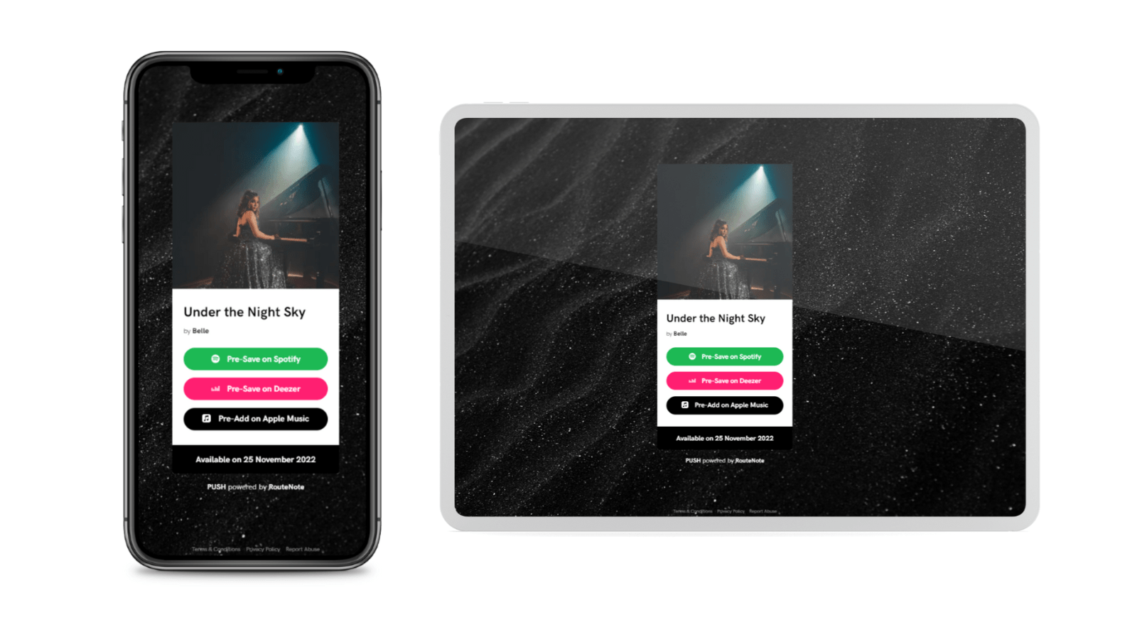 Pre-save example with custom background shown on both a smartphone and a tablet.