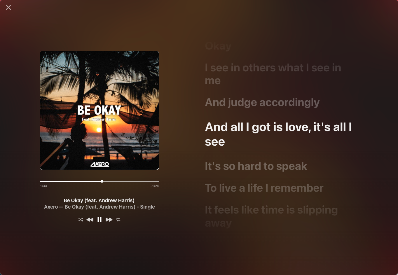 The expanded lyrics view on Apple Music for web