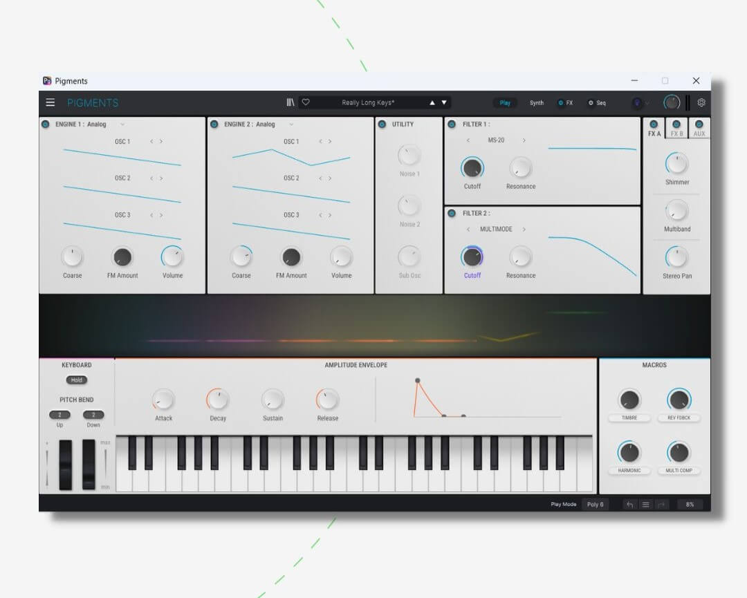 Perhaps the best update to Pigments 4 is the addition of its new "Play mode". Play mode simplifies the synths