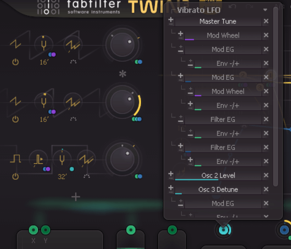 Every parameter you map a modulation source to will display a pop-up menu that describes what modulation you have routed. And instead of a modulation matrix, Twin 3 gives you sliders in these pop-ups that allow you to determine how aggressive the modulation is. While a matrix would be neater, I totally get FabFilter