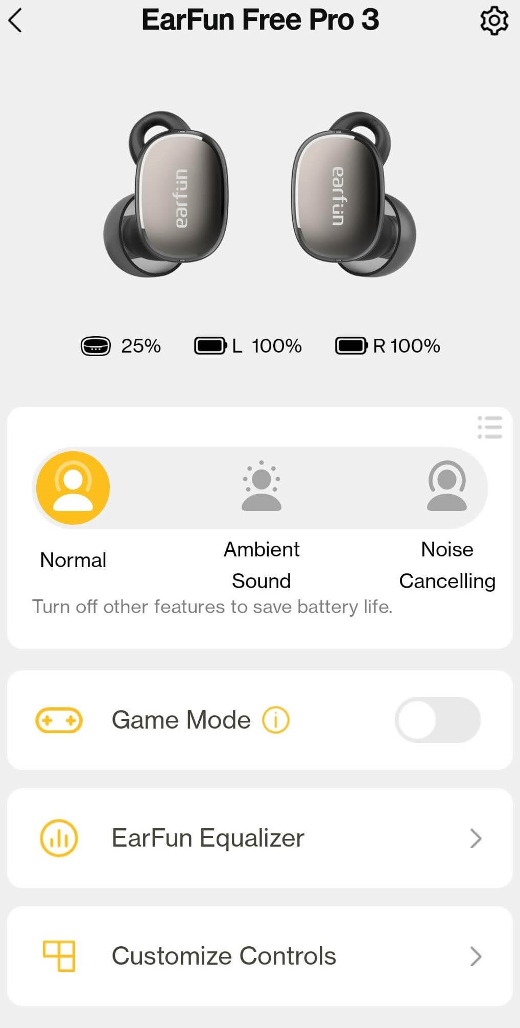 EarFun companion app home screen