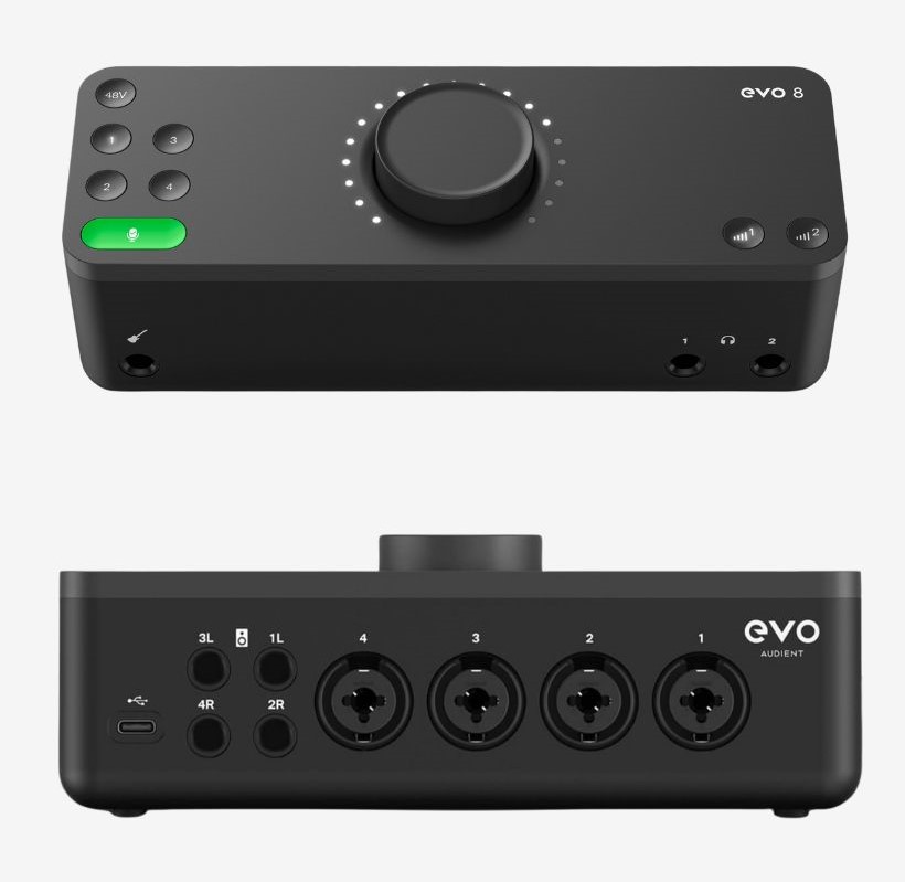 The Audient EVO 8 boasts four XLR / instrument jack inputs and & a single jack. Connect to your speakers via balanced TRS or unbalanced TS cables.  