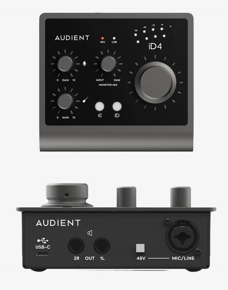The Audient ID4 MKII boasts an XLR / instrument jack & a single jack. Connect to your speakers via balanced TRS or unbalanced TS cables.  