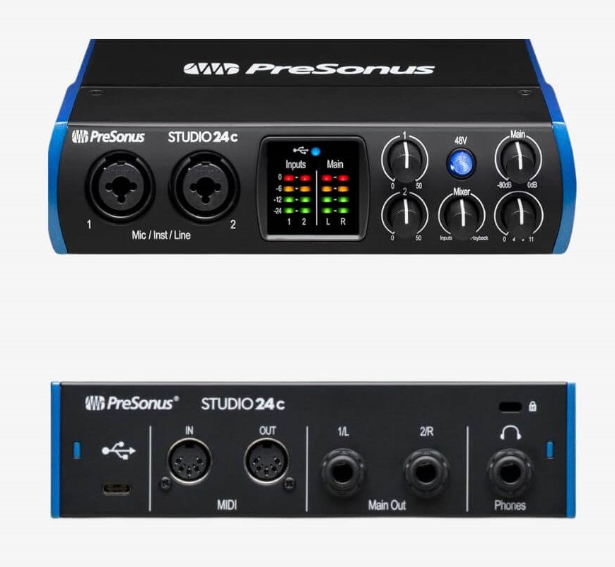 The PreSonus Studio 24C boasts two XLR / instrument jacks and MIDI In/Out. Connect to your speakers via balanced TRS or unbalanced TS cables.  
