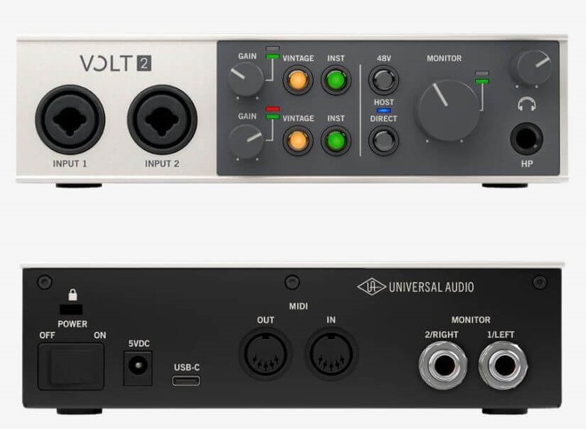 The Universal Audio Volt 2 boasts two XLR / instrument jacks & MIDI In/ Out. Connect to your speakers via balanced TRS or unbalanced TS cables.  