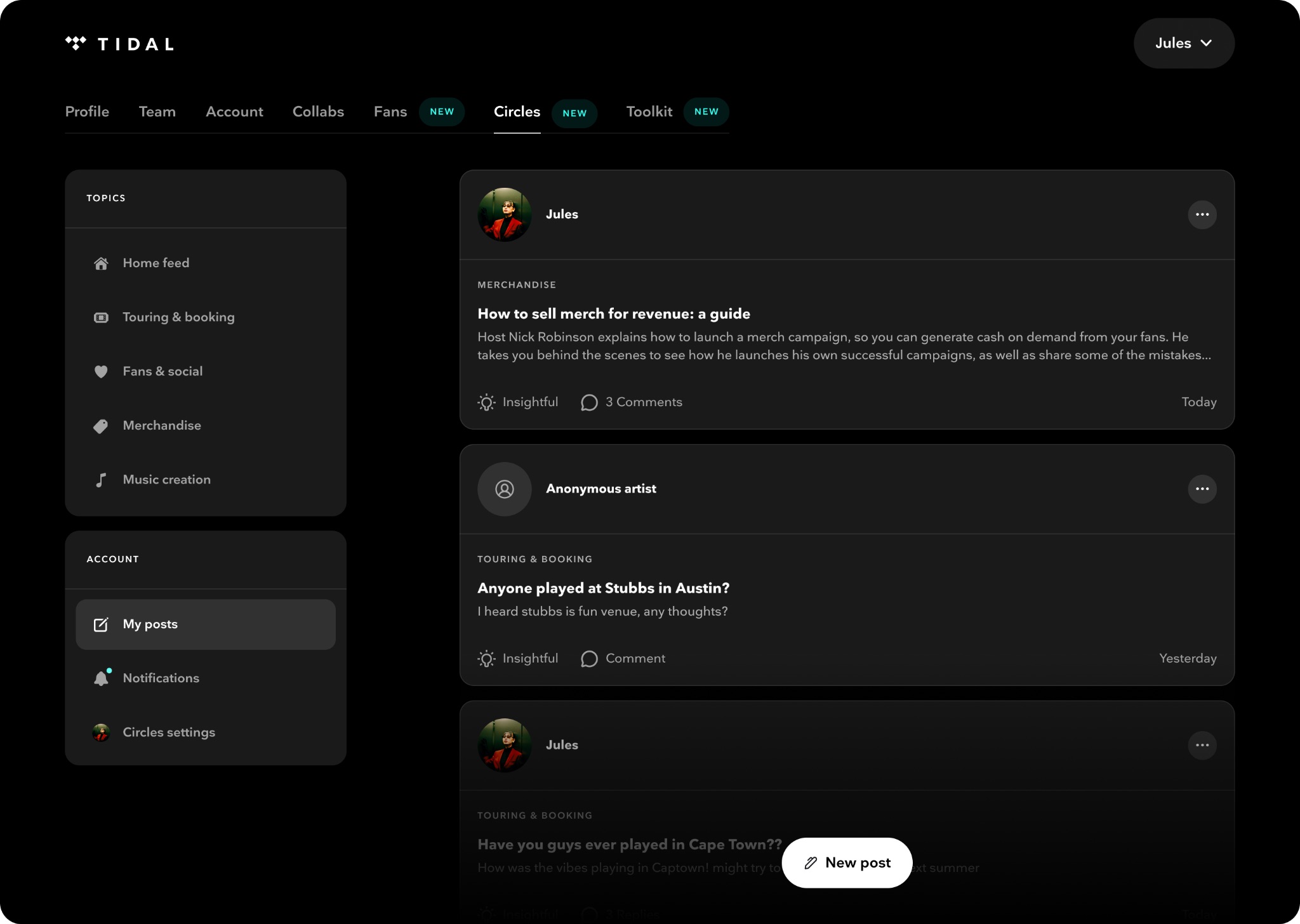 The new Circles page on TIDAL