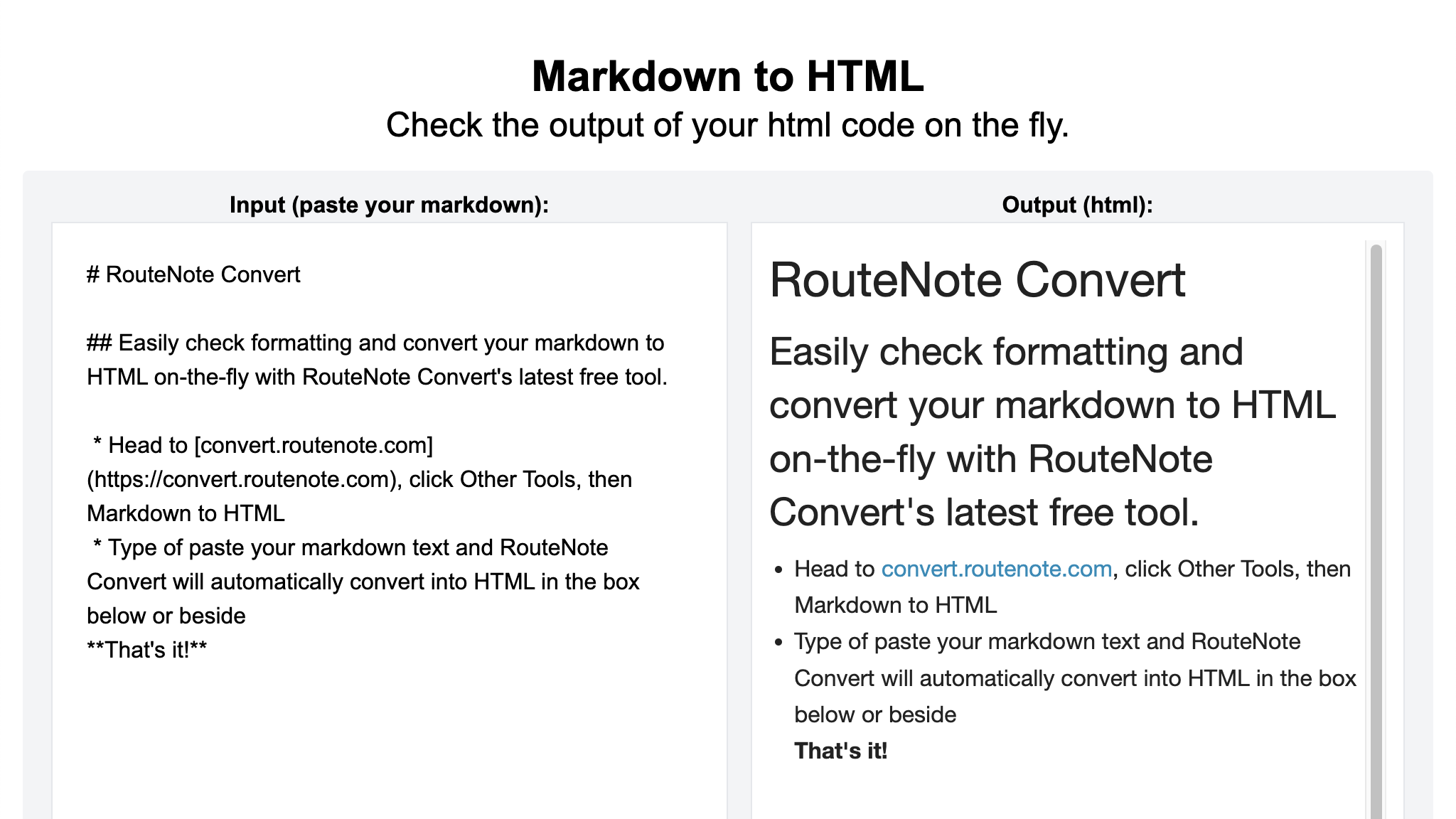 RouteNote Convert – Free markdown to HTML converter